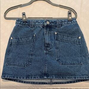 High-Rise Dark Blue Denim Mini Skirt with Front Patch Pockets